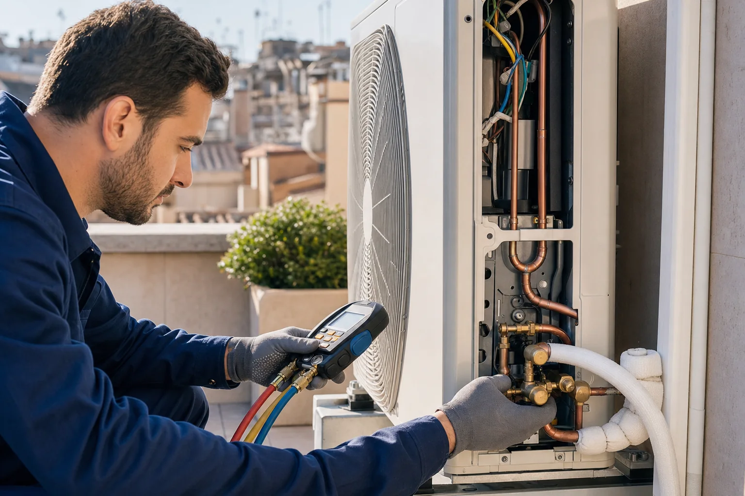 Tecnico che controlla l'unità esterna di un climatizzatore